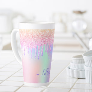 Holografisch unicorn glitter-regenboognaamscript latte mok