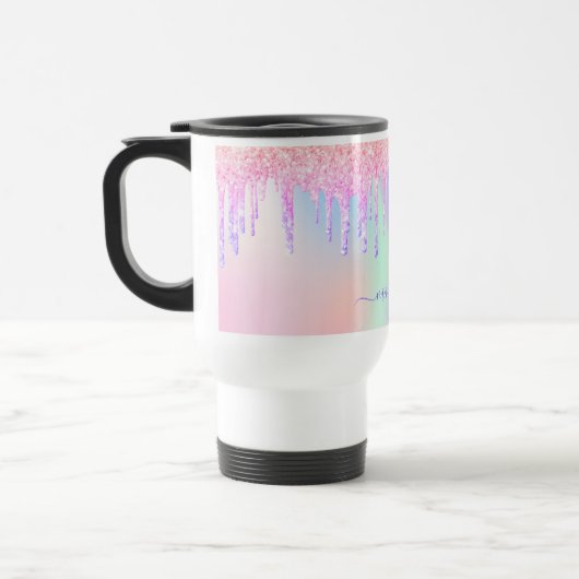 Holografisch unicorn glitter-regenboognaamscript reisbeker (Links)