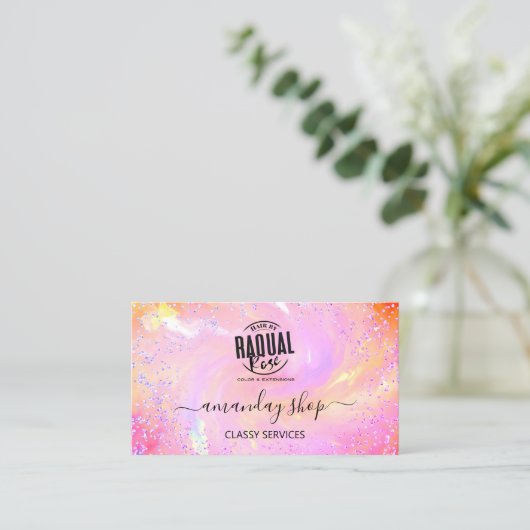 Holografisch Unicorn QR Code Logo Roze winkel Visitekaartje (Staand voorkant)