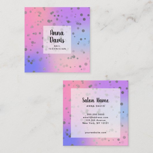 Holografisch zilverconfetti stippen nageltechnicus vierkante visitekaartje (Voorkant / Achterkant)