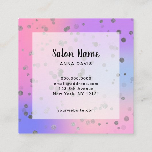 Holografisch zilverconfetti stippen nageltechnicus vierkante visitekaartje (Achterkant)