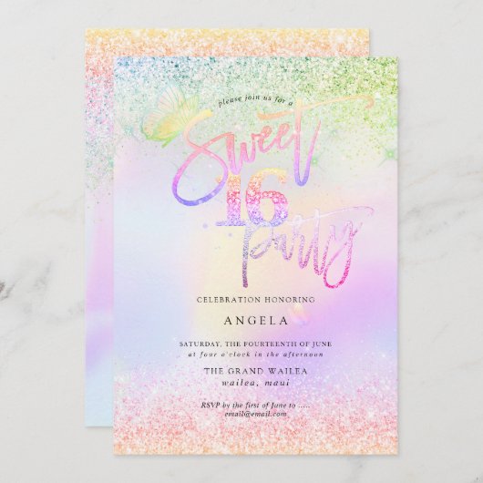 Holografisch zoet 16 Roze diamantglitters Kaart (Voorkant / Achterkant)