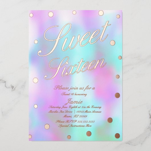 Holografisch zoete zestien Stippen Gold geperst Folie Uitnodiging (Voorkant)