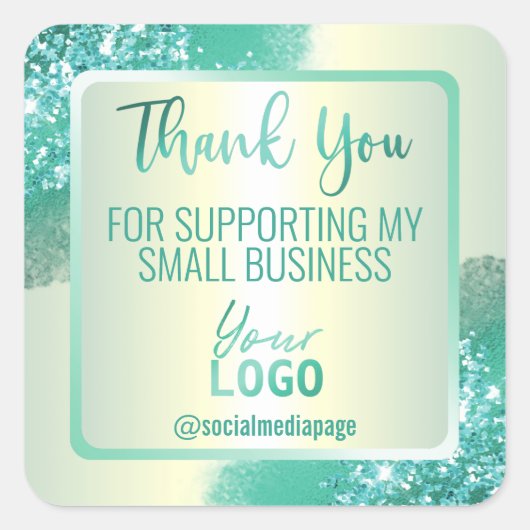 Holografische Blauwgroen Munt Dank u Business Logo Vierkante Sticker (Voorkant)