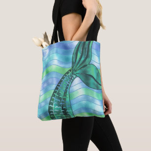 Holografische Blauwgroen zeemeermin staart golven  Tote Bag