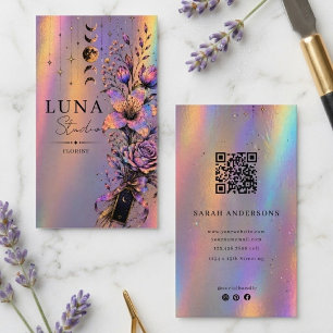 Holografische Bloemist Luxe Iridescente Bloem QR Visitekaartje