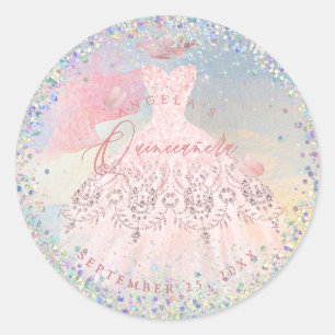 Holografische Confetti Quinceanera Blush Gown Ronde Sticker