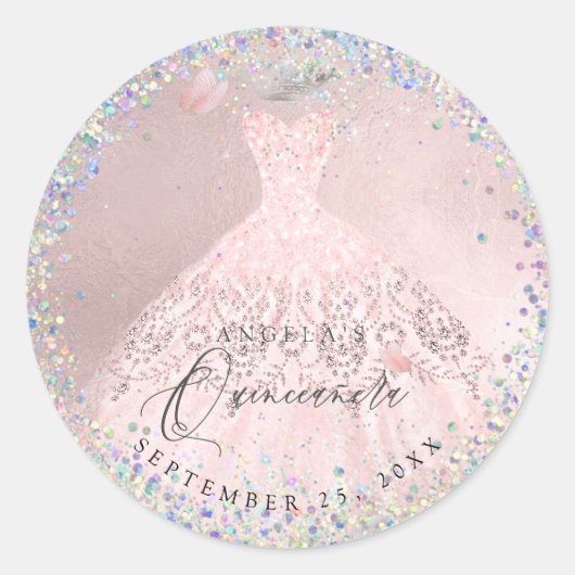 Holografische Confetti Quinceanera Blush Gown Ronde Sticker (Voorkant)