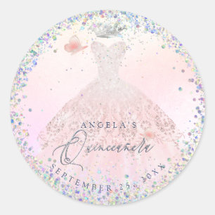 Holografische Confetti Quinceanera Blush Pink Gown Ronde Sticker