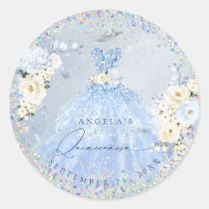 Holografische Confetti Quinceanera Dusty Blue Gown Ronde Sticker
