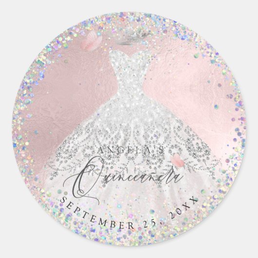 Holografische Confetti Quinceanera Gown Glitter Ronde Sticker (Voorkant)