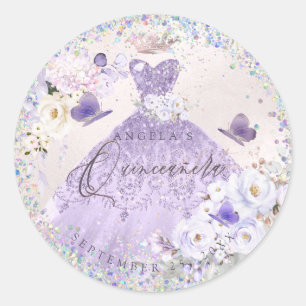 Holografische Confetti Quinceanera Paars Gown Ronde Sticker