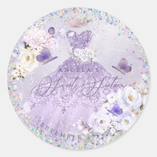 Holografische Confetti Sweet Sixteen Paarse Jurk Ronde Sticker