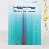 Holografische Cyber Blue Sci-Fi Panel Verjaardag Kaart (Gele Bloem)