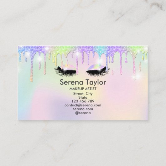 Holografische eenhoorn make-up wimpers glitter dru visitekaartje (Achterkant)
