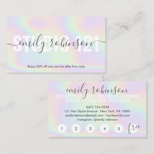 Holografische eenhoorn regenboog script punch cirk klantenkaartje (Voorkant / Achterkant)