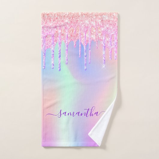 Holografische eenhoornregenbooglitter druipt naam bad handdoek (Handdoek)