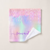 Holografische eenhoornregenbooglitter druipt naam bad handdoek (Wasdoekje)