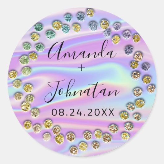 Holografische Eenvoudige Naam Datum Zwarte Rozen S Ronde Sticker (Voorkant)