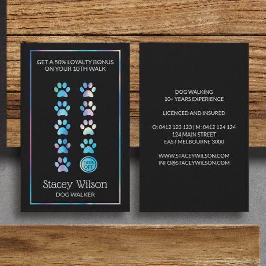 Holografische en houtskool poot print hond groomer visitekaartje