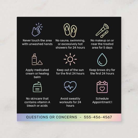 Holografische en nazorg PMU Brow Instructions Vierkante Visitekaartje (Achterkant)