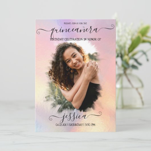 Holografische Folie Halo Foto Collage Quinceañera Kaart (Staand voorkant)