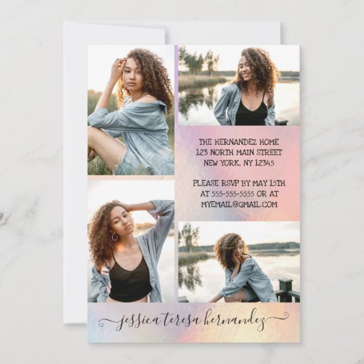 Holografische Folie Halo Foto Collage Quinceañera Kaart (Achterkant)