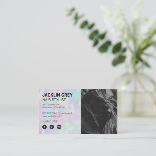 holografische geometrische retro | haarmodel klantenkaartje (Staand voorkant)