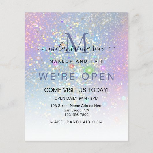 Holografische Glam Glitter Elegant We're Open Blue Flyer (Voorkant)