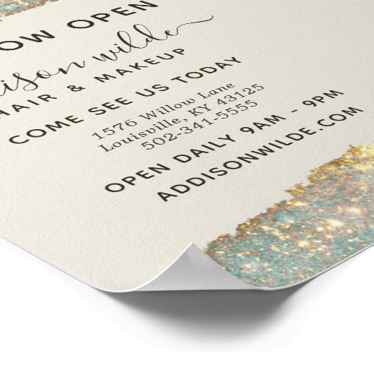 Holografische Glam Glitter Salon Business Opening Poster (Hoek)