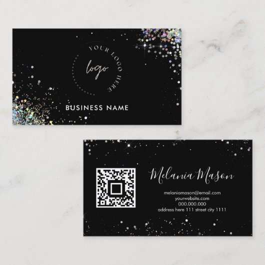 Holografische Glitter Aangepaste QR-code & Logo Zw Visitekaartje (Voorkant / Achterkant)