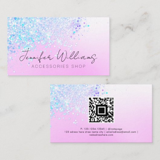 Holografische Glitter Custom Qr Code Roze pastaafb Visitekaartje (Voorkant / Achterkant)