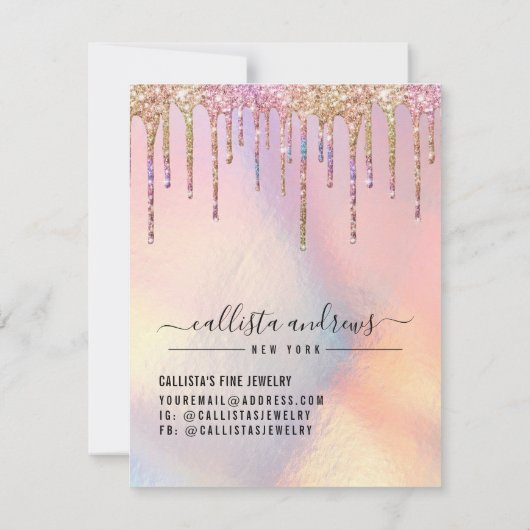 Holografische Glitter Druppelt Sieraden Care Kaart Notitiekaartje (Achterkant)