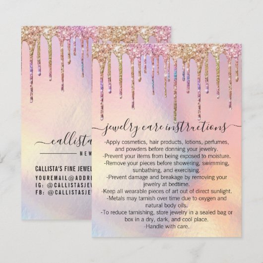 Holografische Glitter Druppelt Sieraden Care Kaart Notitiekaartje (Voorkant / Achterkant)