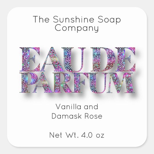 Holografische glitter en wit Eau de Parfum Label (Voorkant)