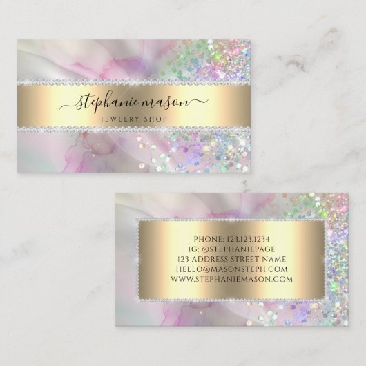 Holografische Glitter Gemarmerde Waterverf Roze Contactkaartje (Voorkant / Achterkant)