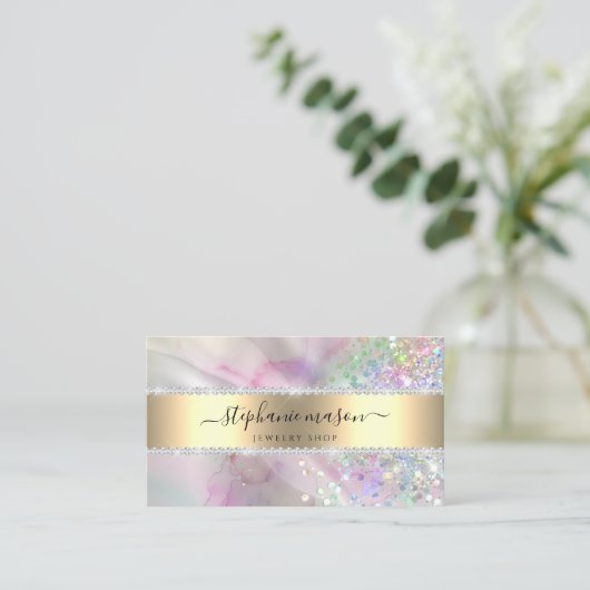 Holografische Glitter Gemarmerde Waterverf Roze Contactkaartje (Staand voorkant)