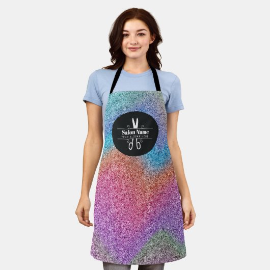 Holografische Glitter Haarstylist Logo Schort (Gedragen)