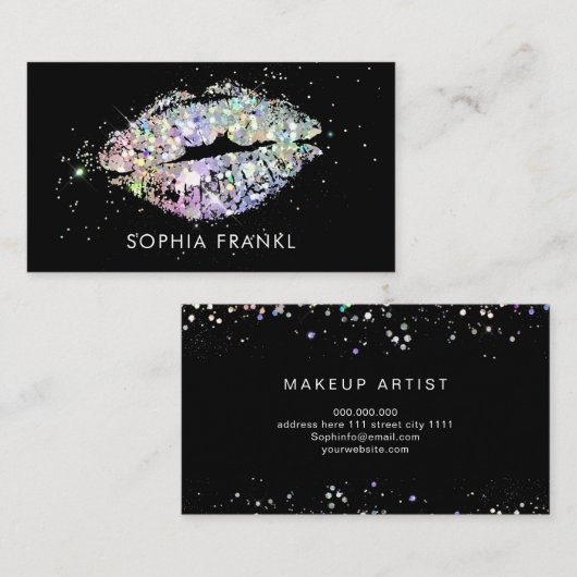 Holografische Glitter Lips Make-up Artiest Zwart Visitekaartje (Voorkant / Achterkant)