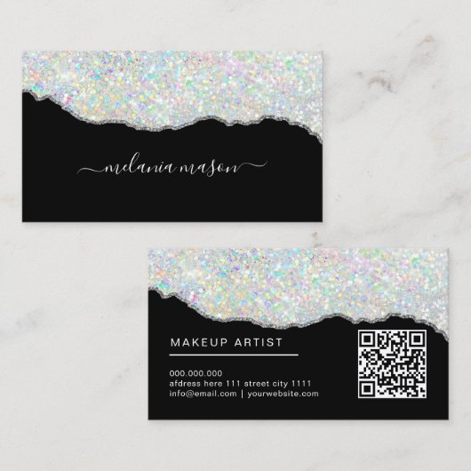 Holografische Glitter Make-up Artiest Zilver Zwart Visitekaartje (Voorkant / Achterkant)