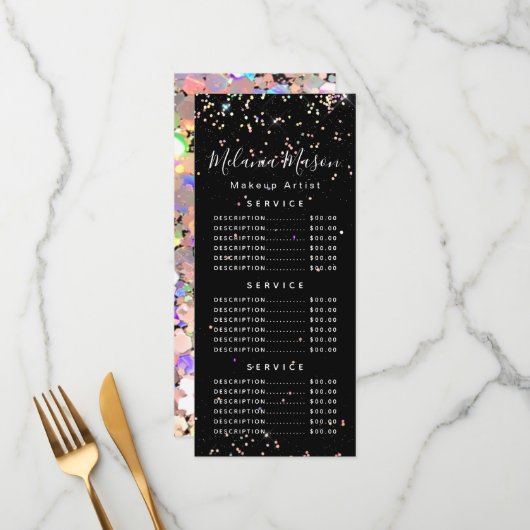 Holografische Glitter Make-up Artiest Zwart Prijs  Menu (Voorkant / Achterkant in situ)