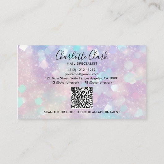 Holografische Glitter Nail Salon QR-code Visitekaartje (Achterkant)