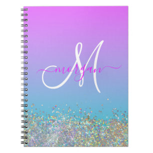 Holografische Glitter Paarse Blauw Ombre Monogram Notitieboek