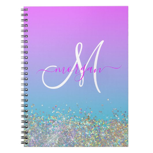 Holografische Glitter Paarse Blauw Ombre Monogram Notitieboek (Voorkant)