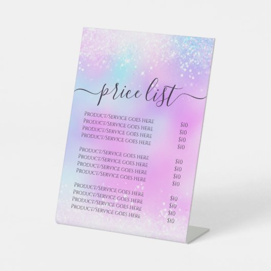 Holografische Glitter Pastel Girly prijslijst Reclamebord Met Voetstuk (Voorkant)