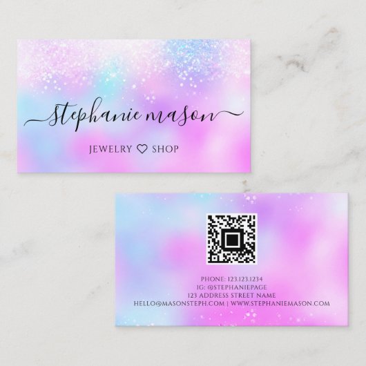 Holografische Glitter Pastel QR Code Girly Contactkaartje (Voorkant / Achterkant)