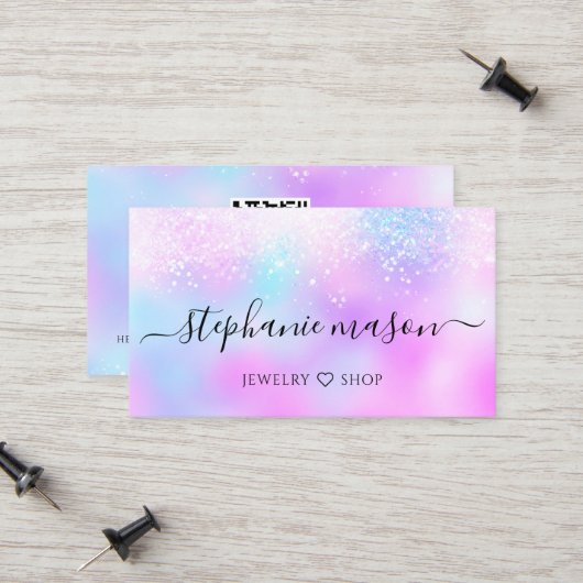 Holografische Glitter Pastel QR Code Girly Contactkaartje (Voorkant / Achterkant in situ)