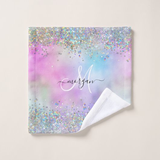 Holografische Glitter Regenboog Pastels Monogram Bad Handdoek (Wasdoekje)