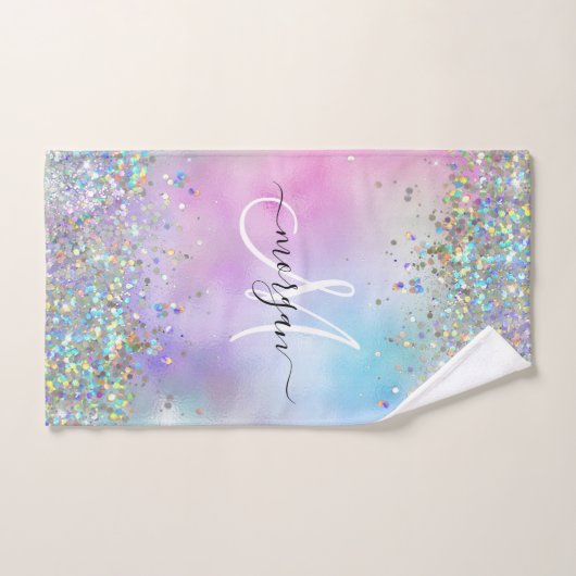 Holografische Glitter Regenboog Pastels Monogram Bad Handdoek (Handdoek)
