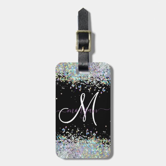 Holografische Glitter Regenboog Pastels Monogram Bagagelabel (Voorkant verticaal)